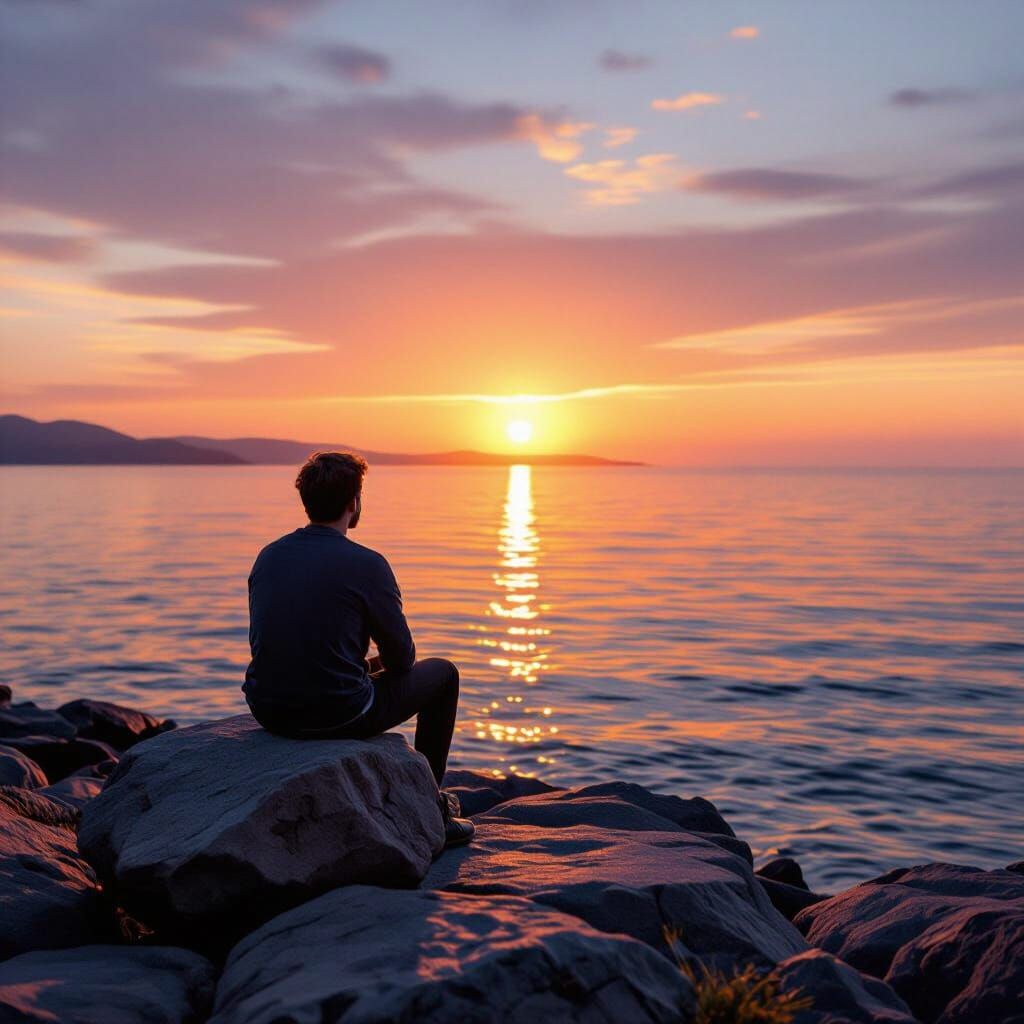 Man Gazing at Sunset Ocean from Rocky Shore