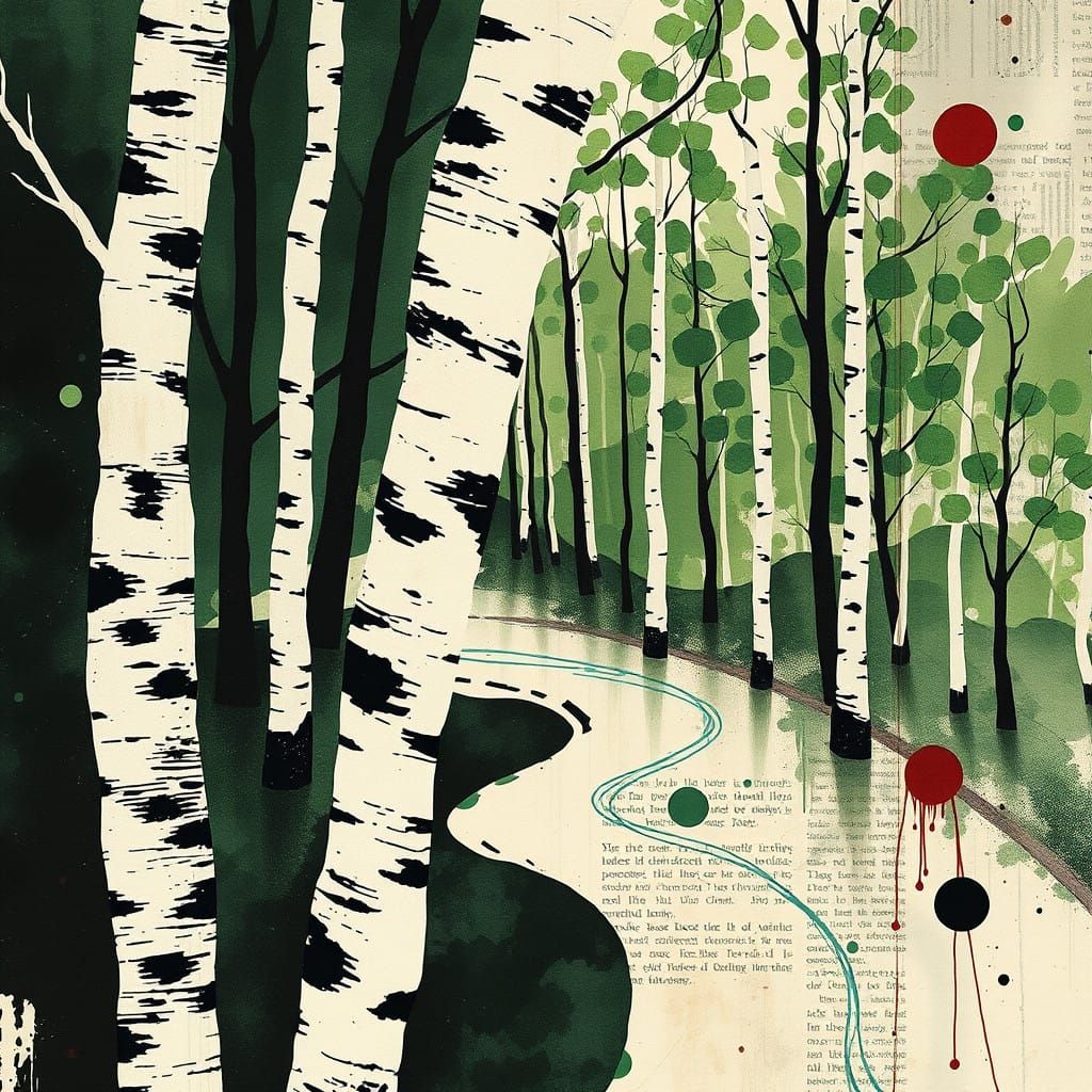 Abstract Birch Forest River in Moody Dark Colors