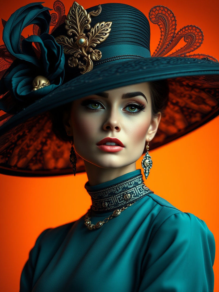 Elegant Woman in Oversized Hat, Art Nouveau Style