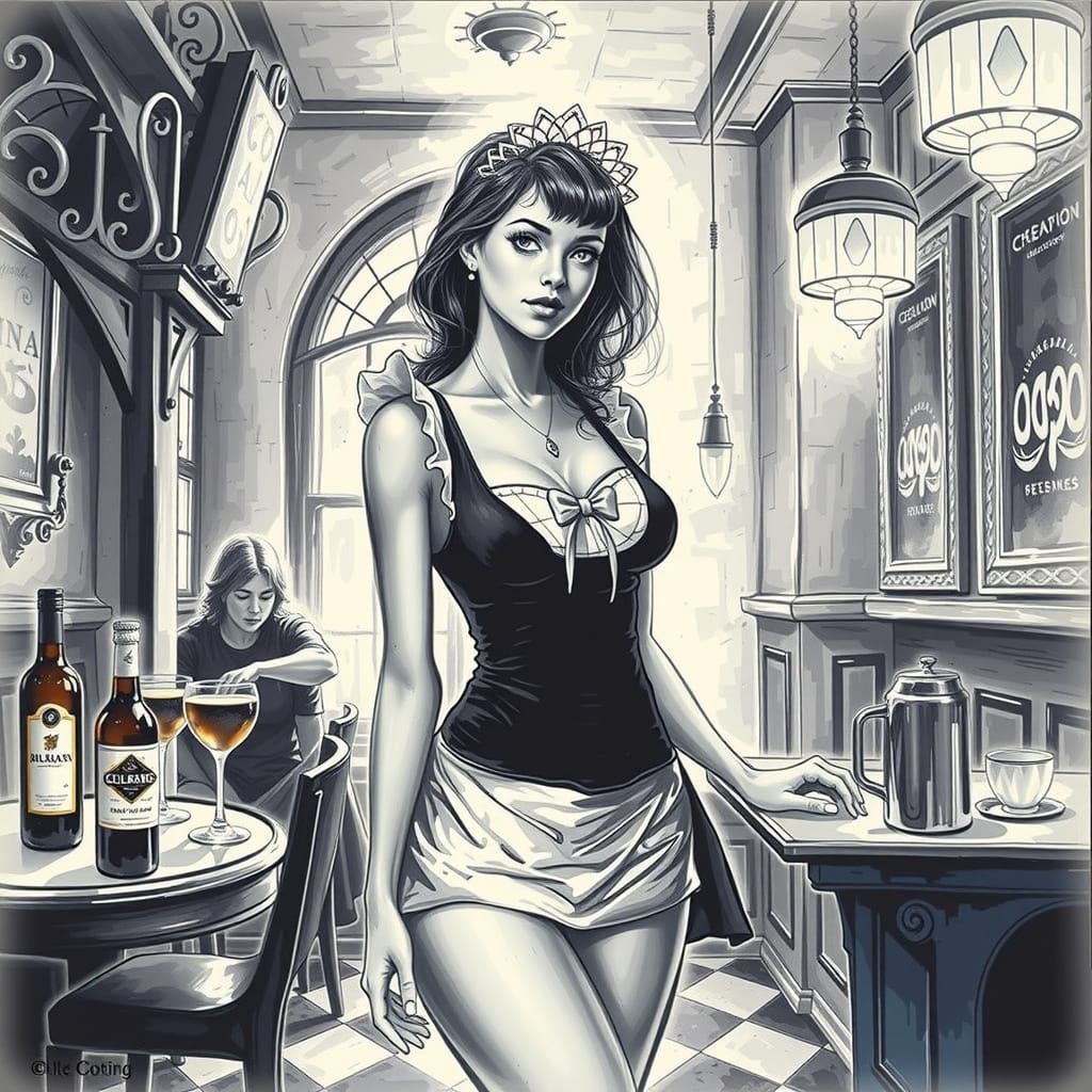 Maid Serving Coffee in Pub, Vector Fractal Art Style