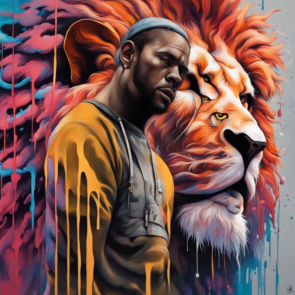 Man and Lion in Graffiti Splash Art Style
