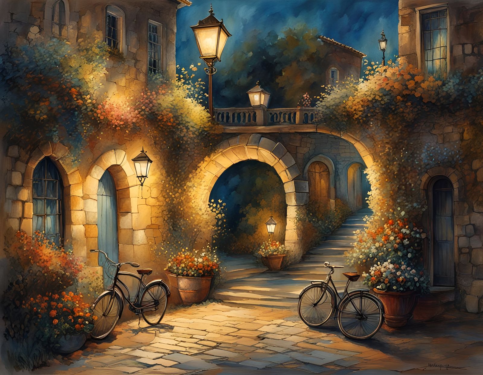 Night Scene of Ancient Stone Wall in Art Nouveau