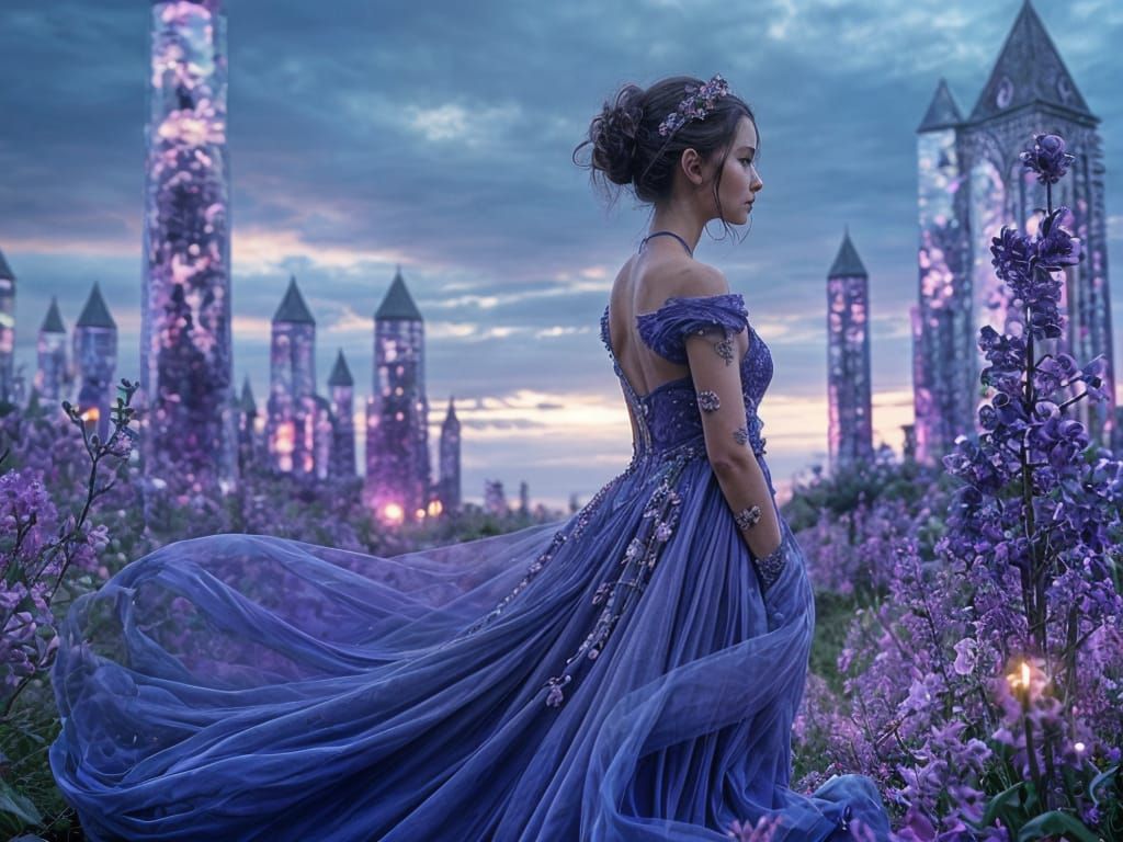 Regal Woman in Amethyst Crystal Landscape