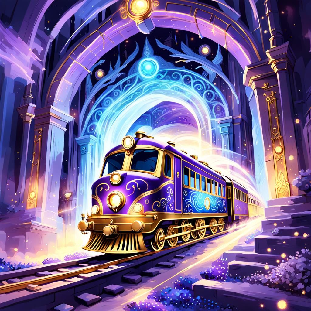 Magic Train Flies Through Portal: Fantasy Matte Painting