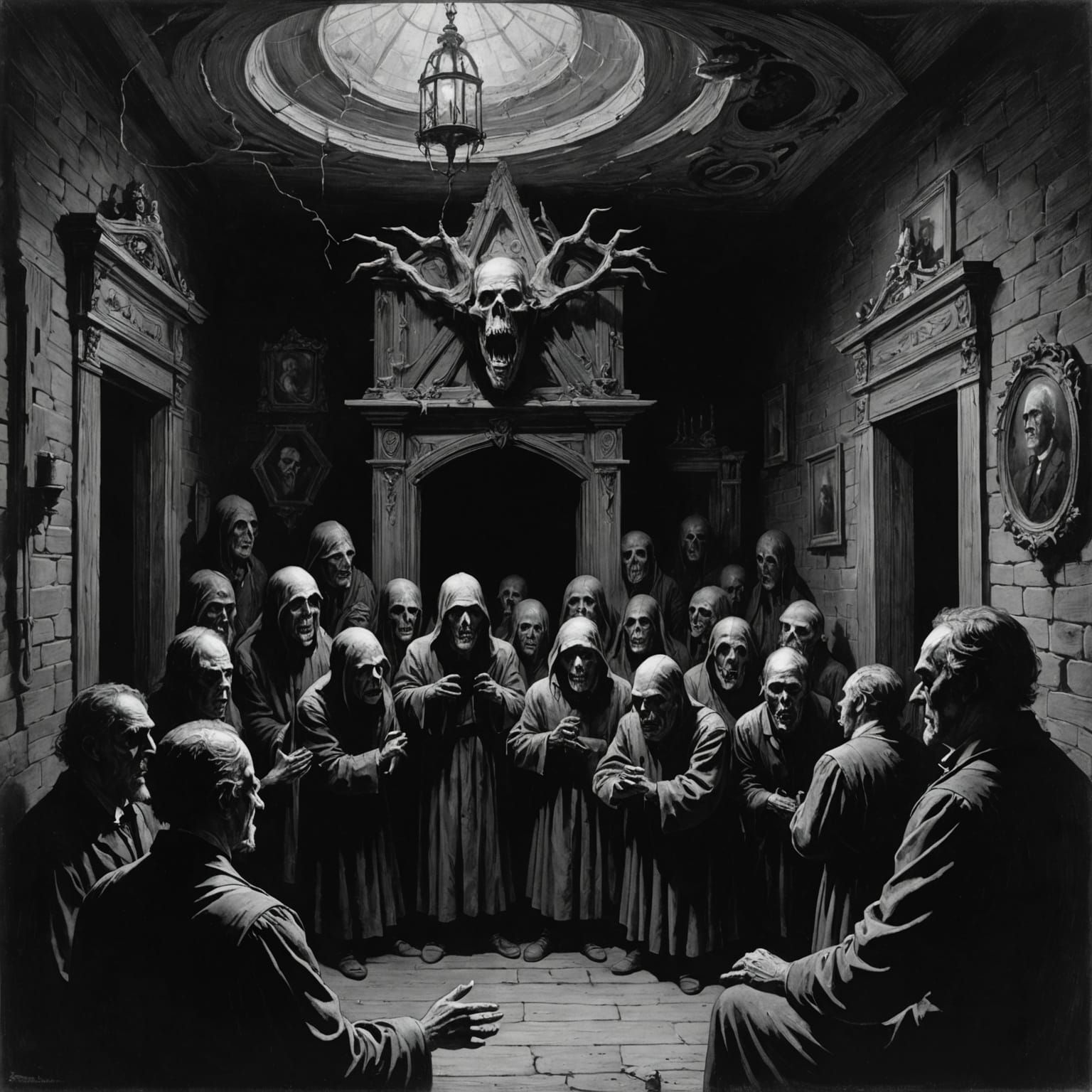 Surreal Horror Scene with Frightened Face in Doré Style