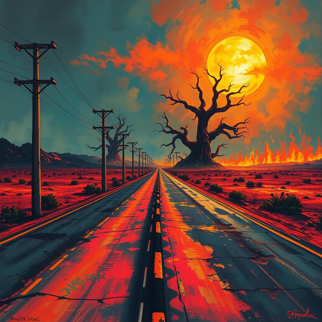 Hellish Highway Landscape in Gritty Digital Art Style