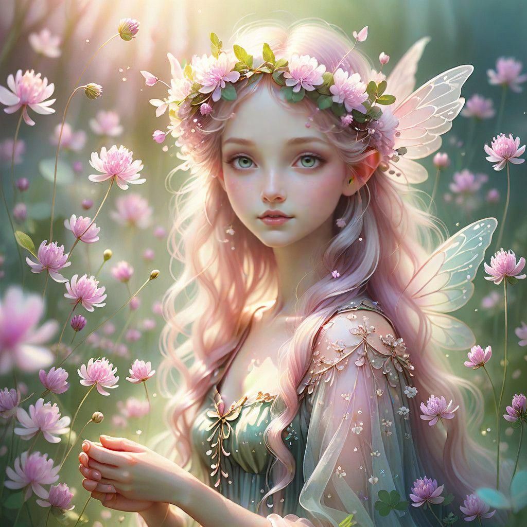 Whimsical Fairy Among Clover Blossoms