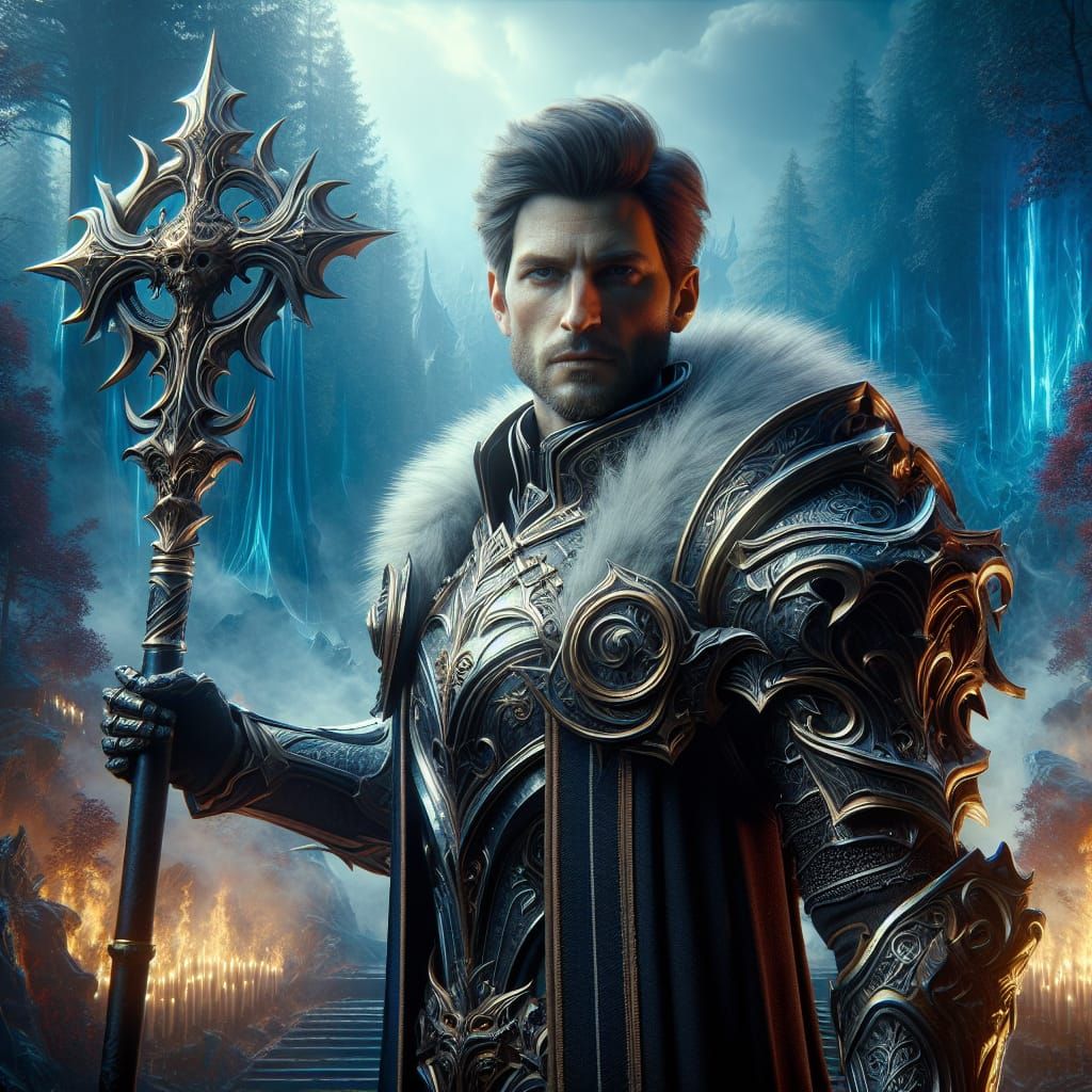 Male Warrior in Intricate Armor Amidst a Fiery Forest, in Ci...