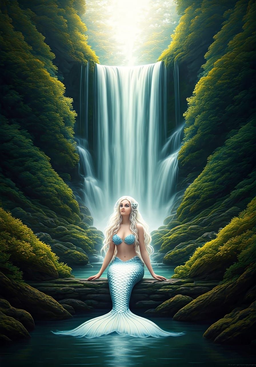 White Mermaid at Magical Waterfall in Photorealistic Style