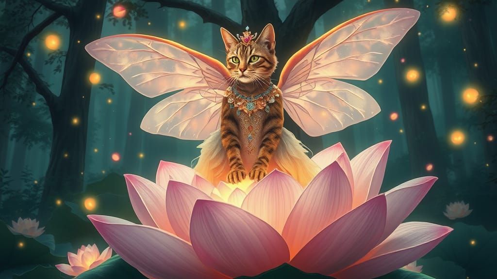 Ethereal Cat Queen in Enchanted Forest