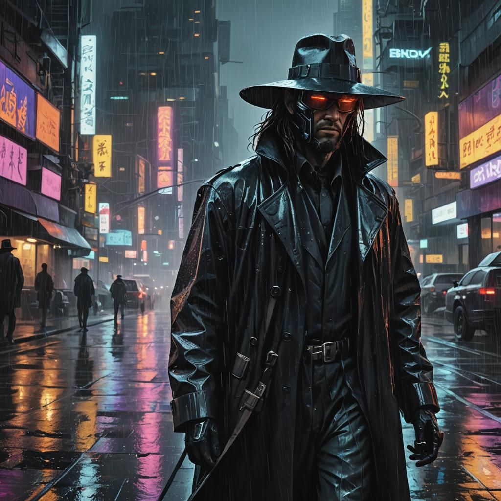 Neon-Noir Bounty Hunter in Cyberpunk Cityscape