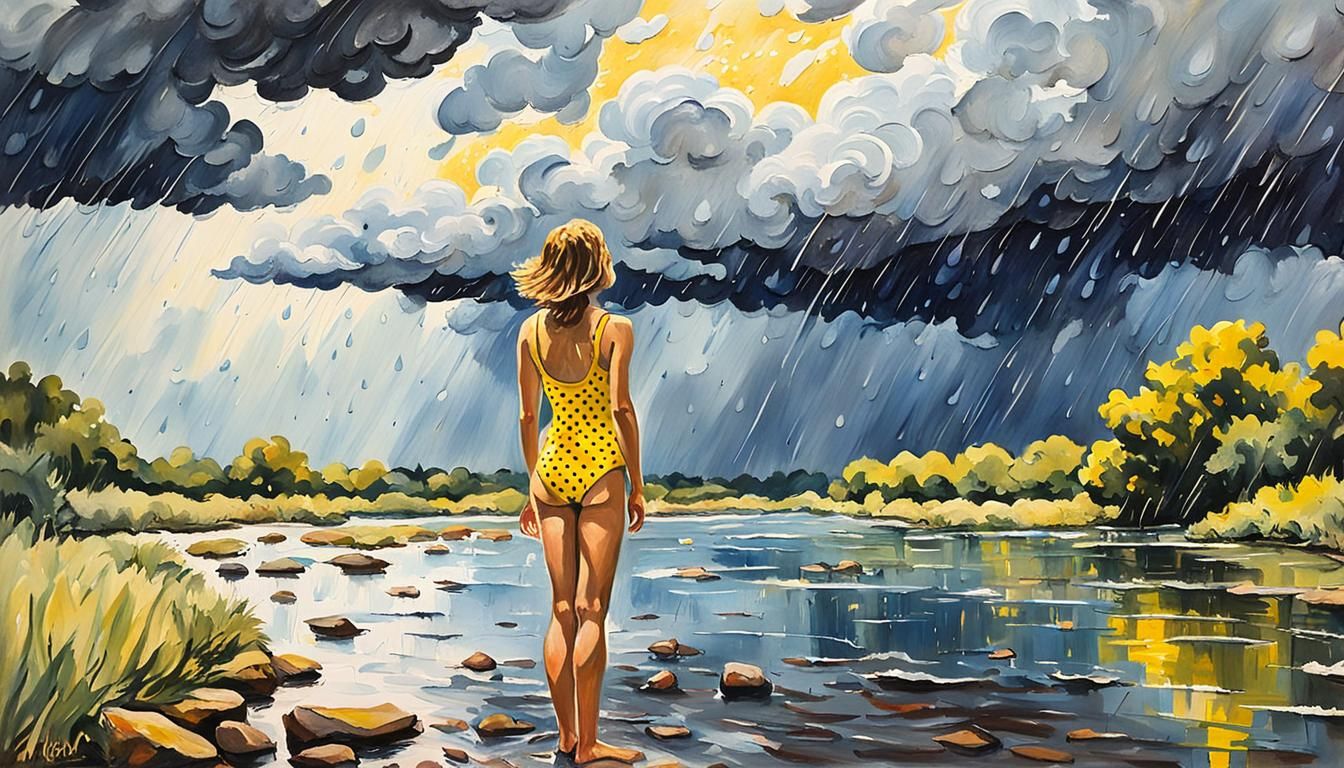 Impressionist Girl Views Thunderous Clouds From Creek