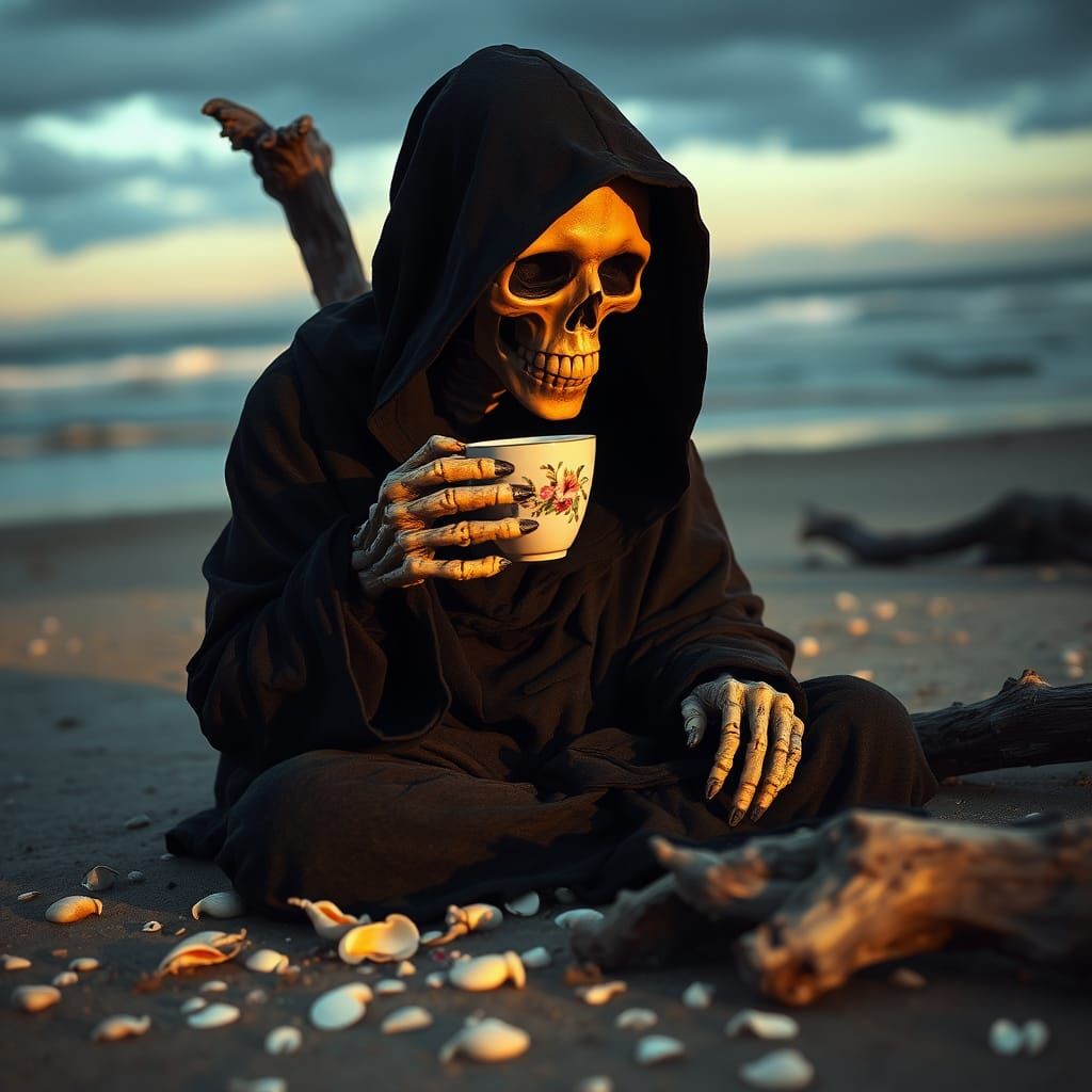 Grim Reaper's Coffee Break on a Beach