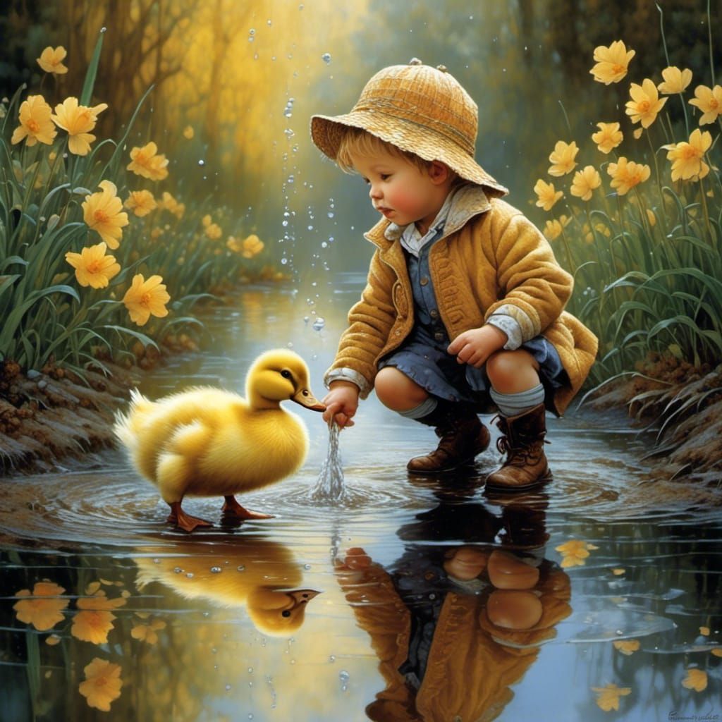Toddlers and Ducks Splashing: A Whimsical Illustration