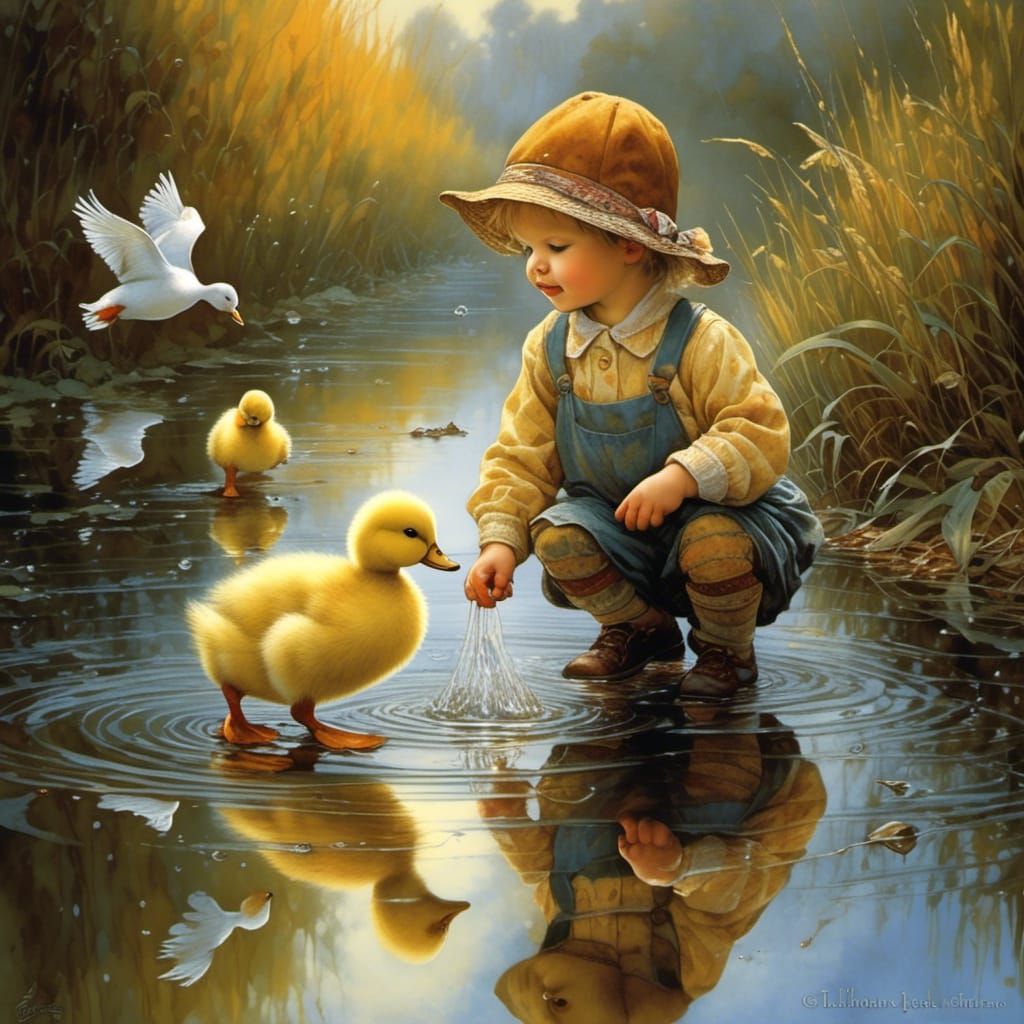 Toddlers and Ducks Splashing: Detailed Children's Portrait