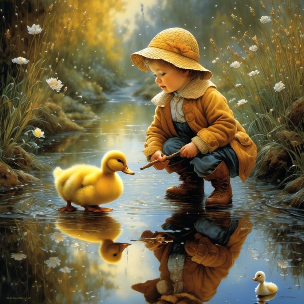 Toddlers and Ducks Splashing: Shumilova-esque Nostalgia