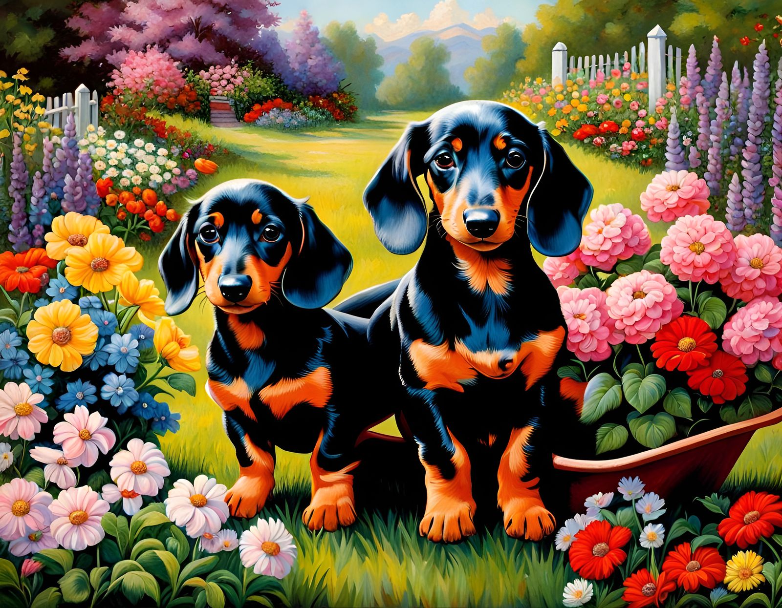 Dachshund Puppies in Floral Wheelbarrow, Rockwell Style