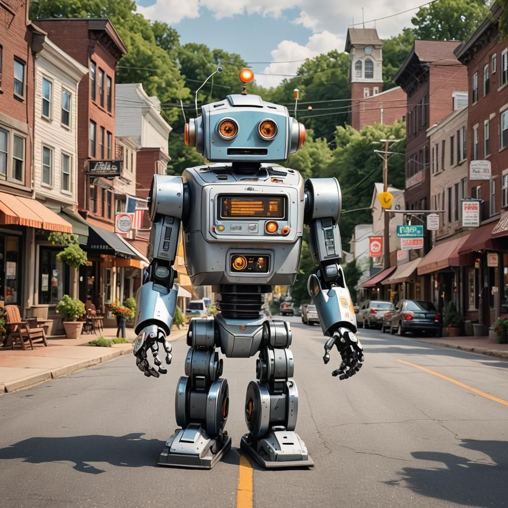 Happy Cartoon Robot in Small Town, Pennsylvania