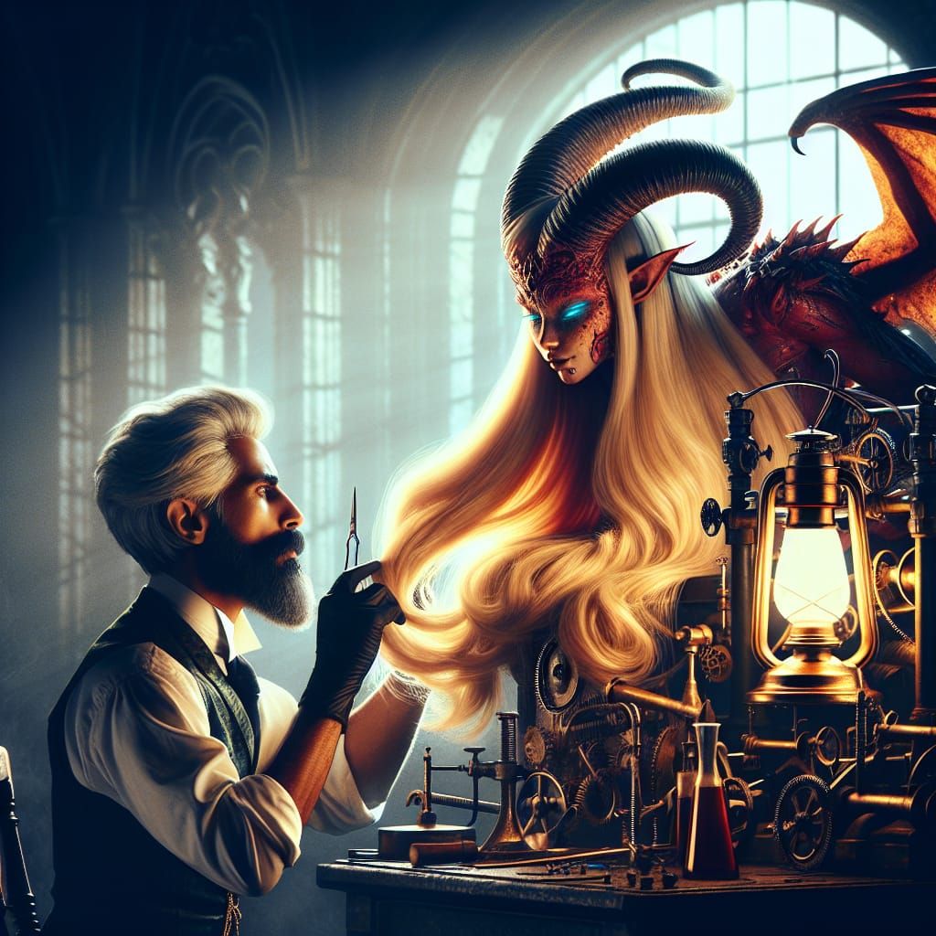Victorian Scientist Examines Demon Girl: Photorealistic Deta...