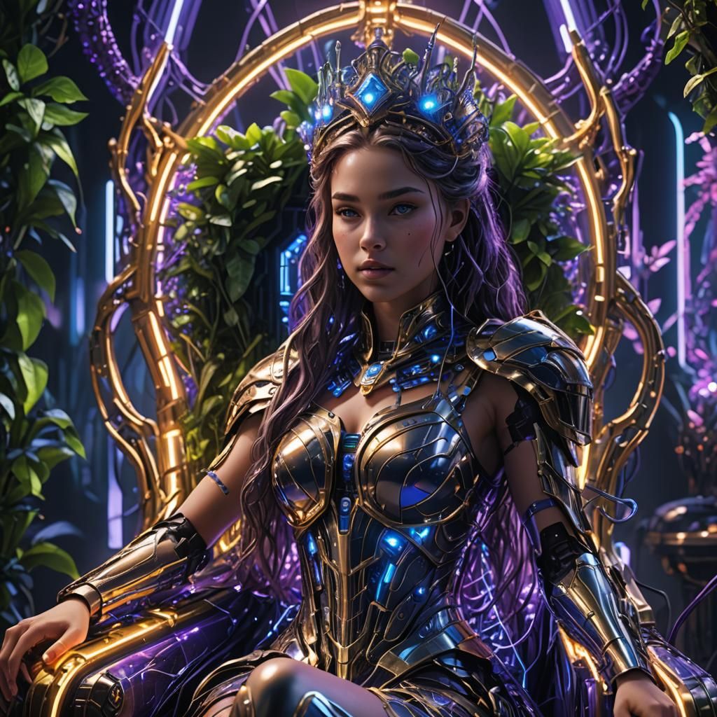Cybernetic Princess in Futuristic Throne Room Concept Art
