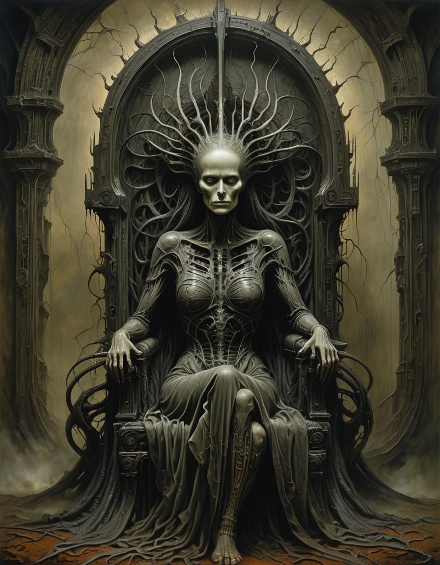 Woman on Throne: Surrealist Anguish in Dark Art Style