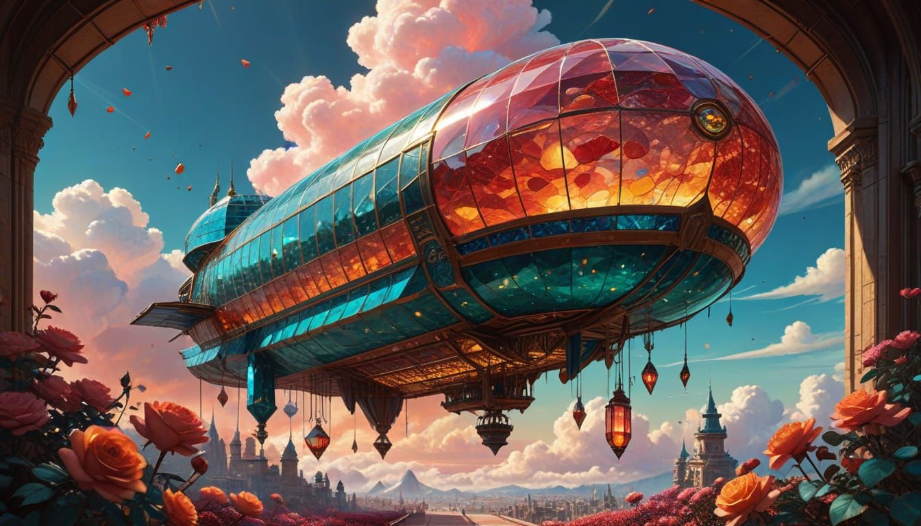 Rose Airship with Iznik Tile, Retro-Futuristic Digital Art