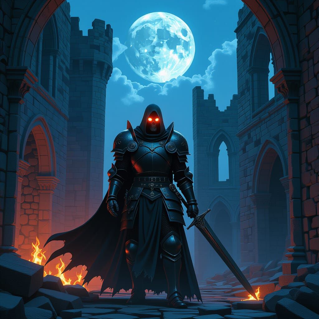 Undead Knight with Flaming Eyes in Ruined Castle