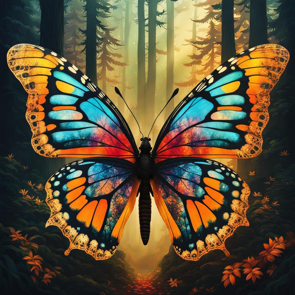 "double exposure forest animals inside butterfly silhouette full portrait" intricate mystical perfect anatomy | accurate...