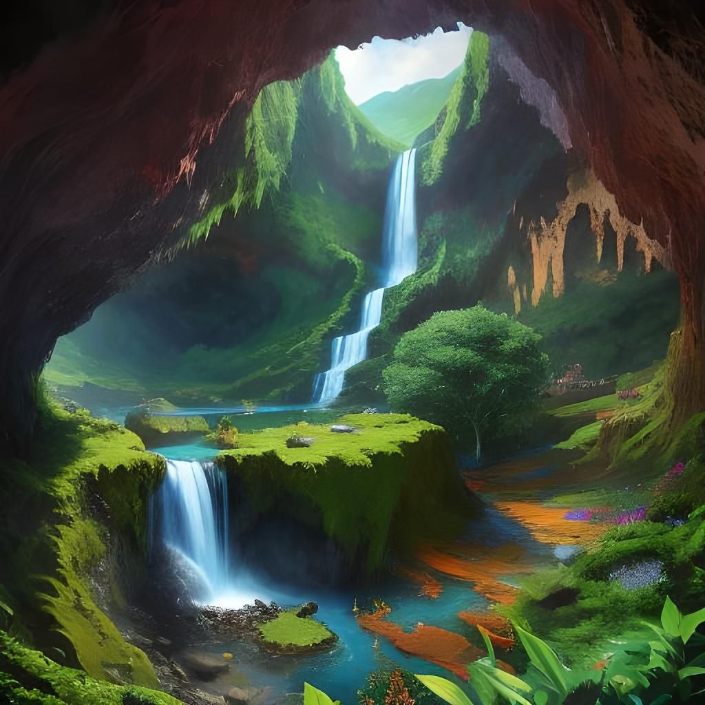 Colorful Waterfall in Lush Mountain Cave