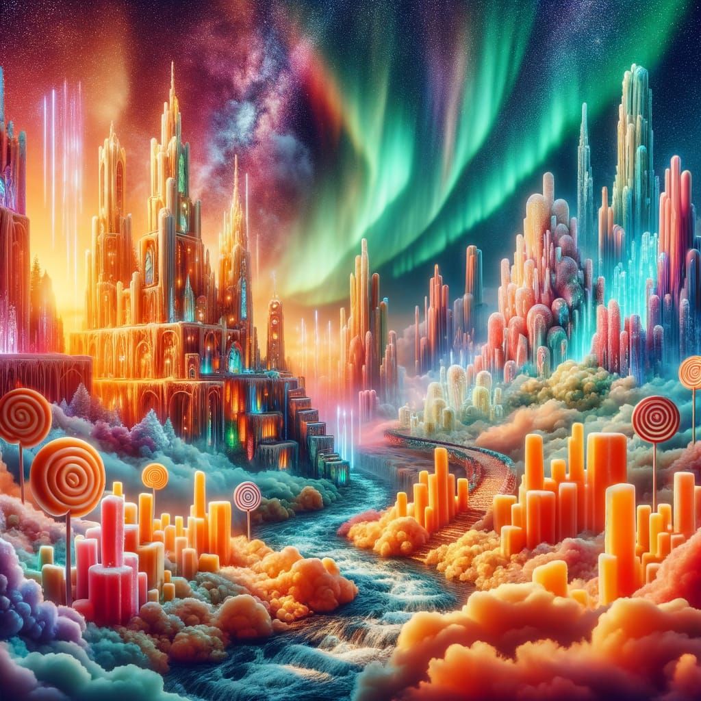 Whimsical Candy Cityscape with Sugary Aurora Borealis
