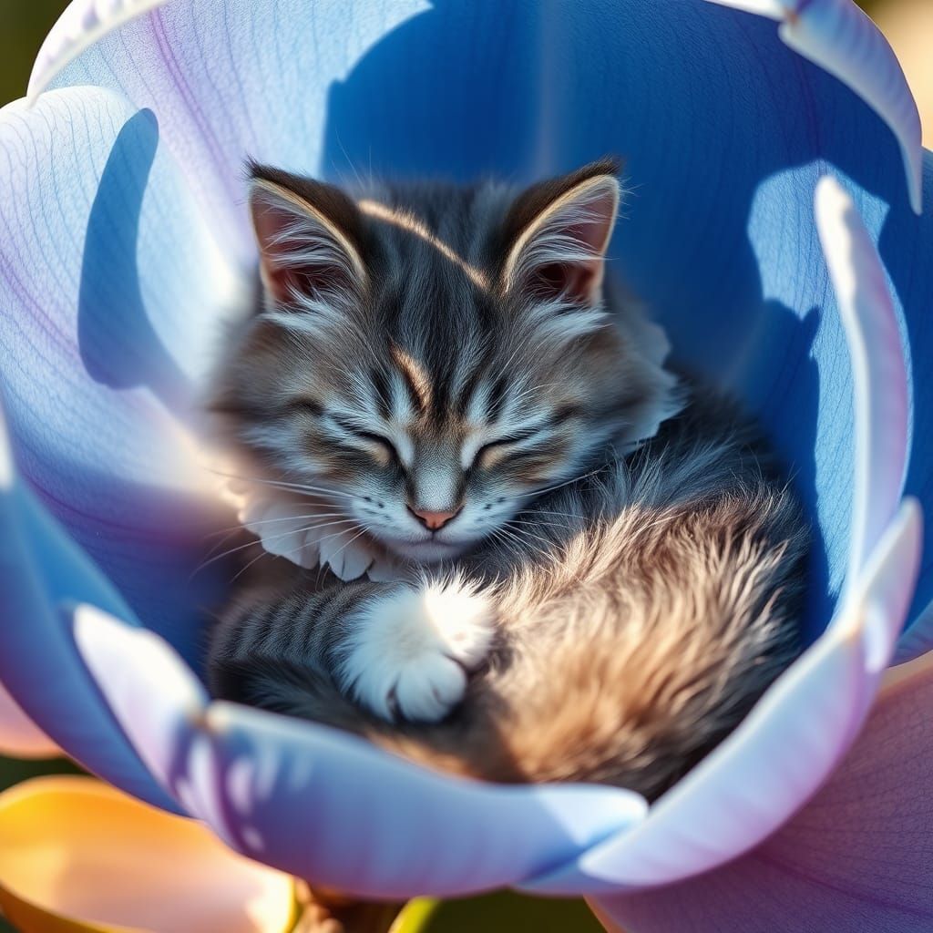 Cat Napping in Electric Blue Magnolia Flower