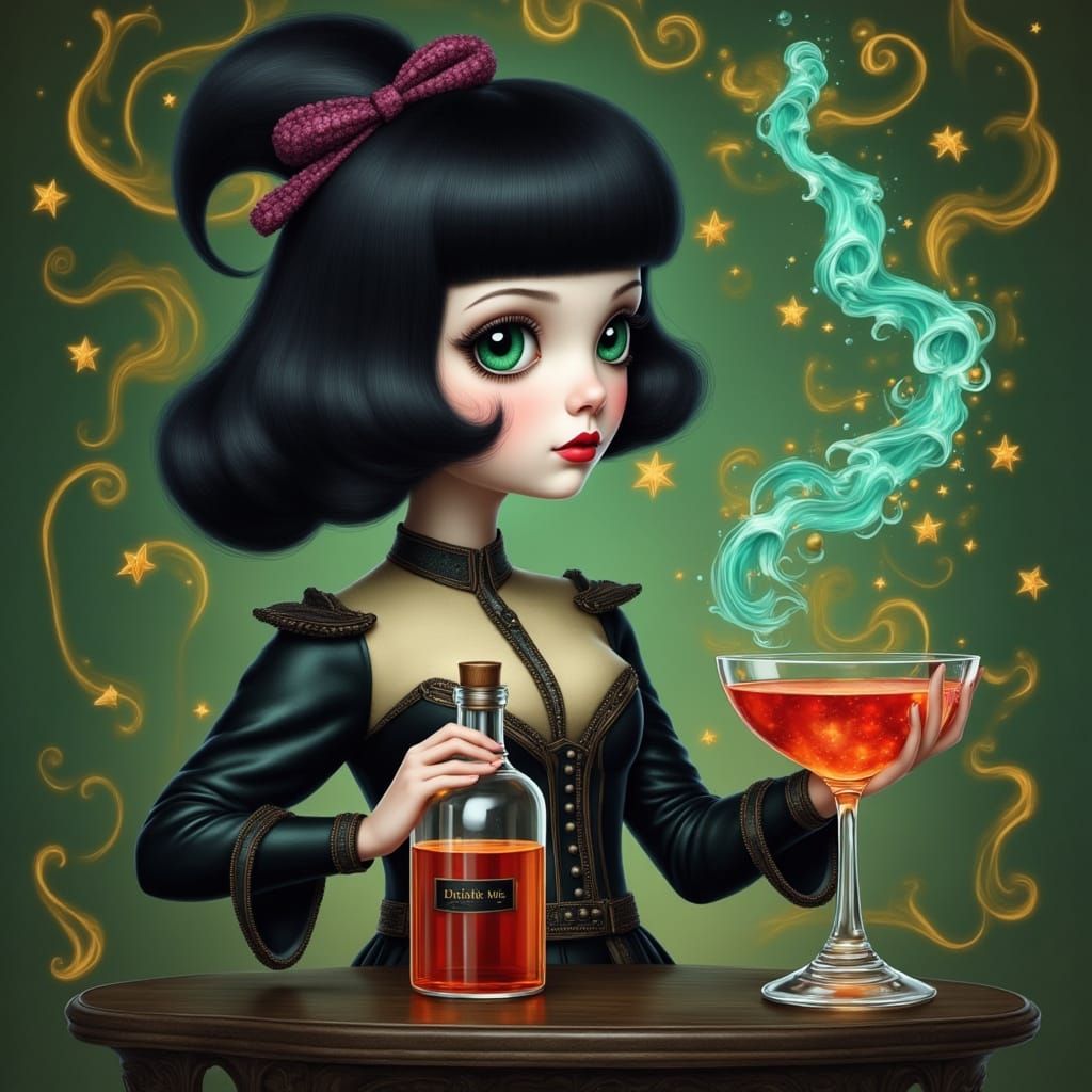Mysterious Girl Holds Enchanted Potion Bottle
