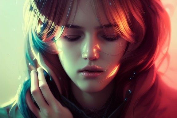 Beautiful Woman Lost in Neon-lit Cityscape