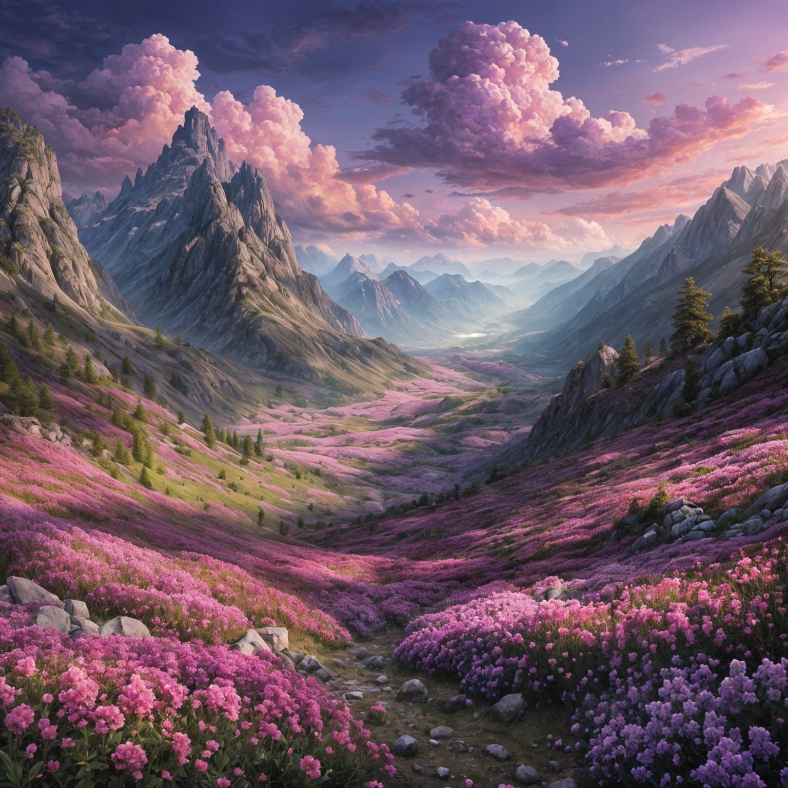 Majestic Valley Landscape with Pink and Purple Sky