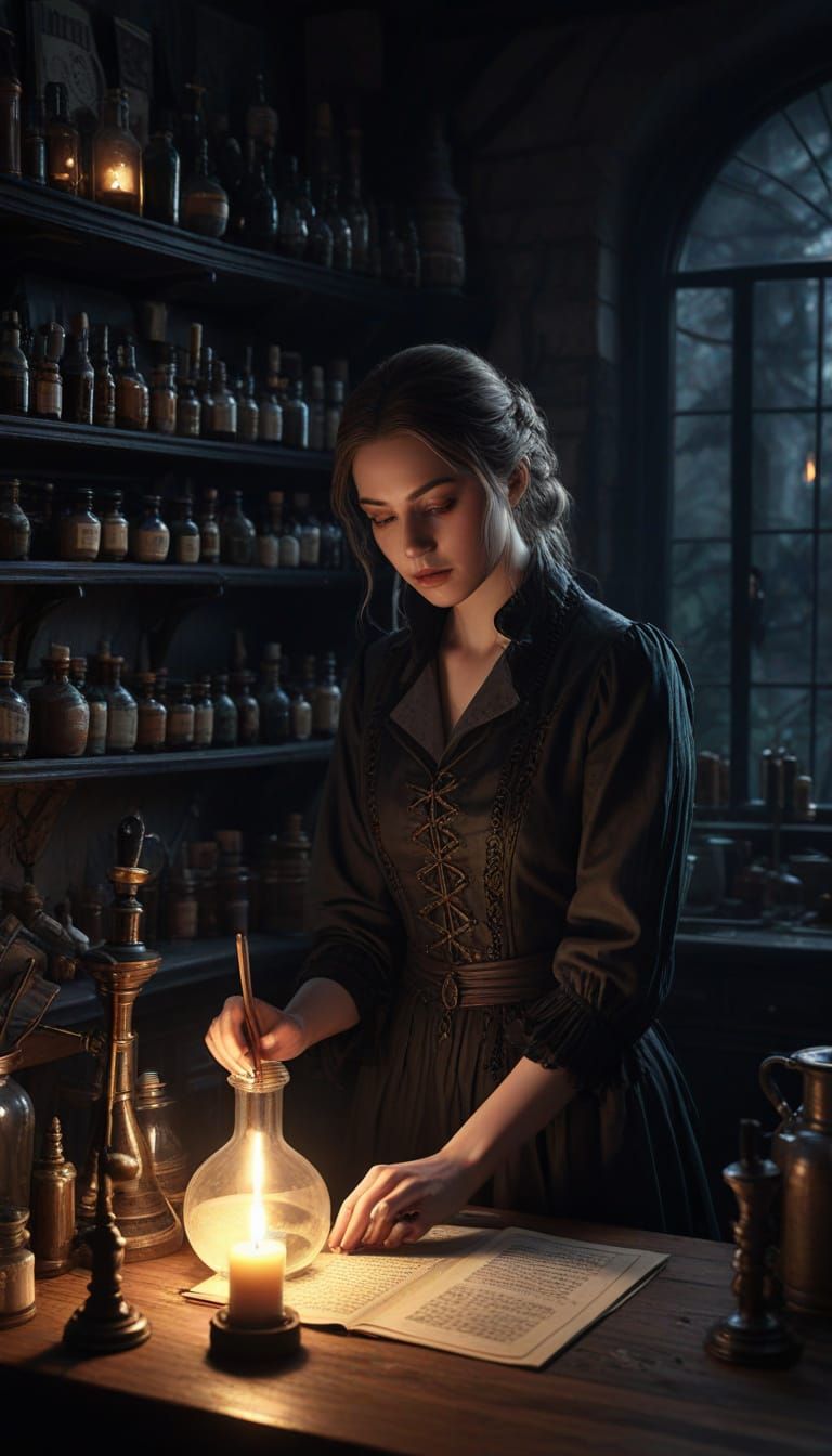 Female Apothecary Prepares Sinister Potion in Moody Kitchen
