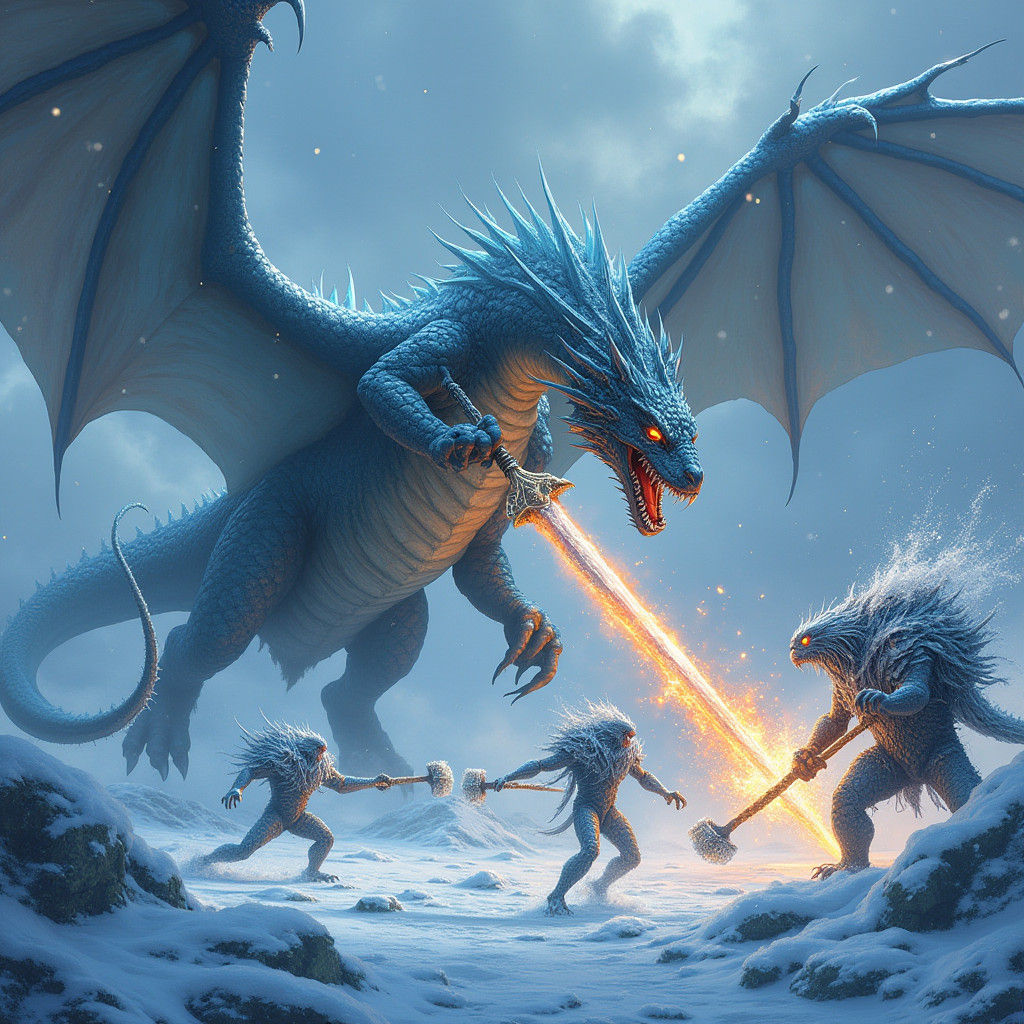 Dragon Unleashes Fire on Ice Realm, Digital Art