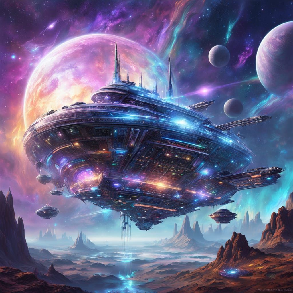 Ethereal Spaceship Hovers Above an Alien Planet in a Celesti...