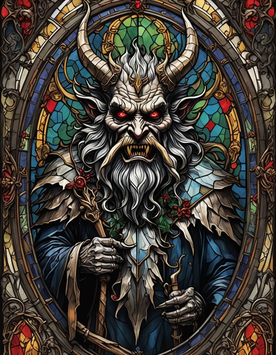 Gothic Krampus in Dark Christmas Stained Glass