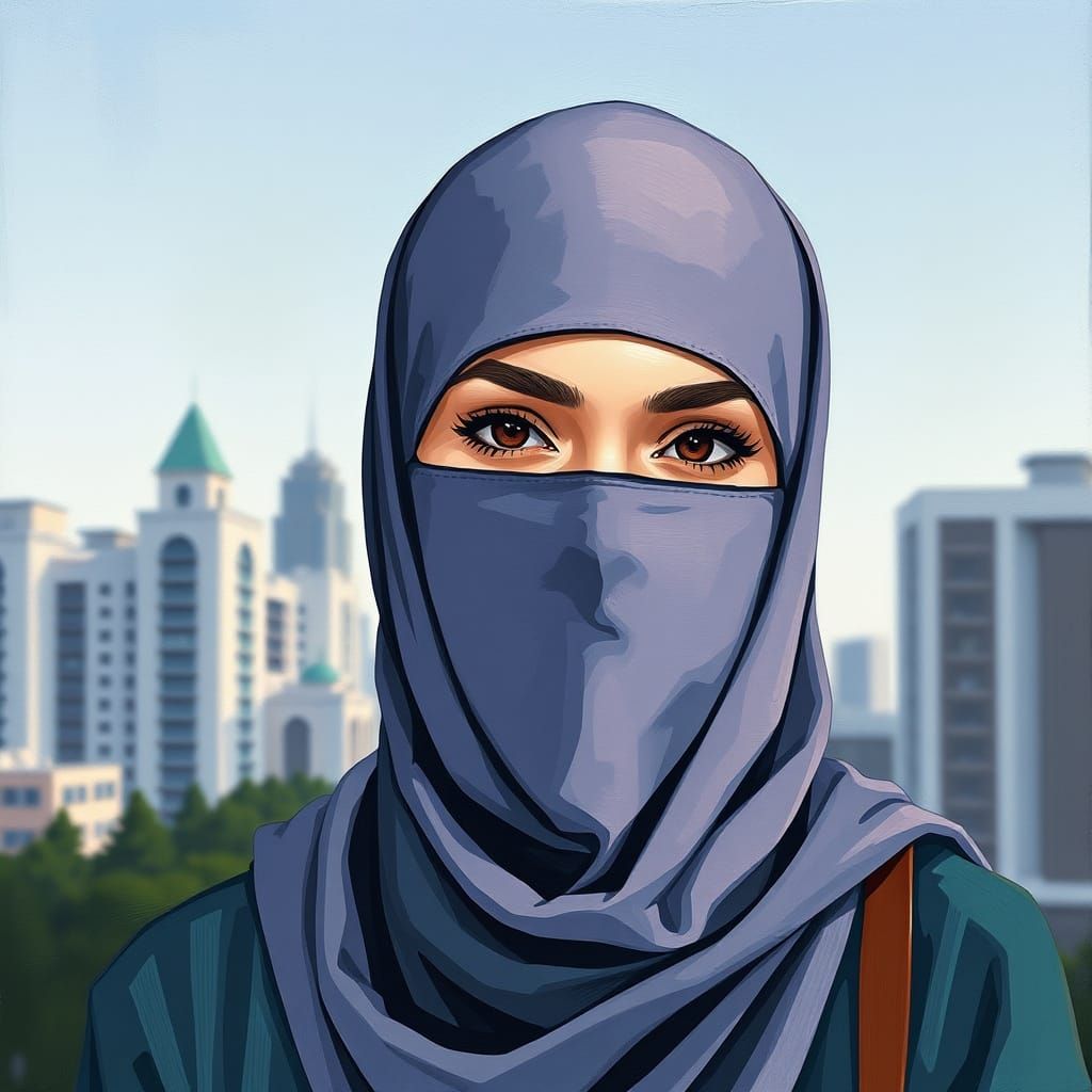 Minimalist Painting of a Niqabi Woman in City