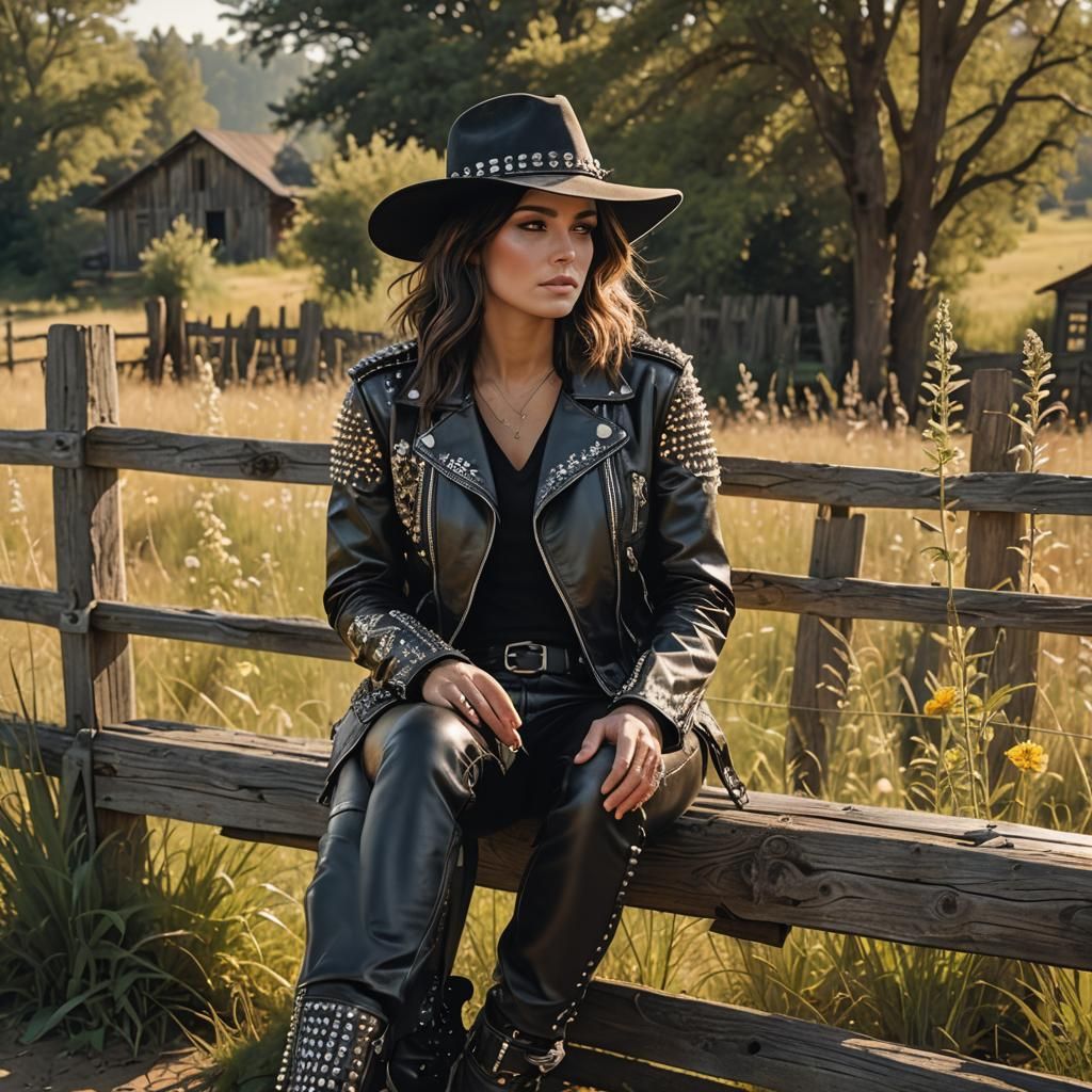 Biker Woman on Farm Fence, Gritty Digital Art