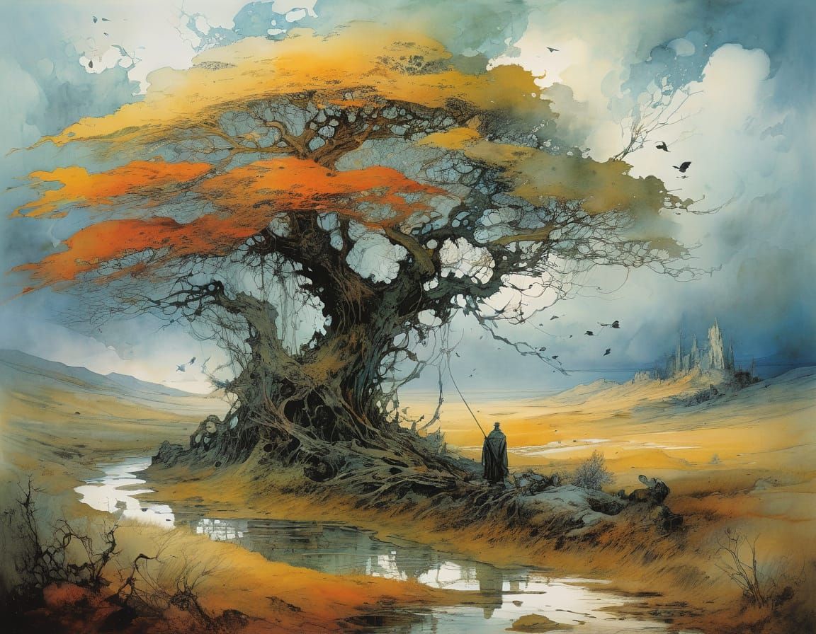 Mysterious Entangled Scene in Mixed Media Style