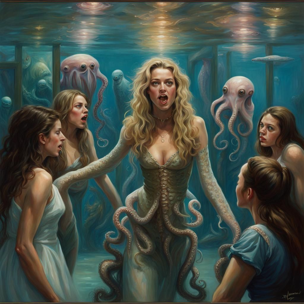Surreal Octopus Woman at Aquarium, Oil Painting
