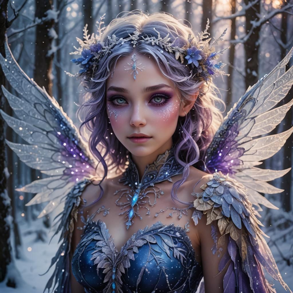 Icy Winter Fae in Mystical Forest