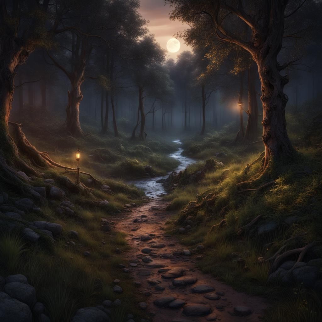 Moonlit Forest Stream at Twilight: Detailed Matte Painting