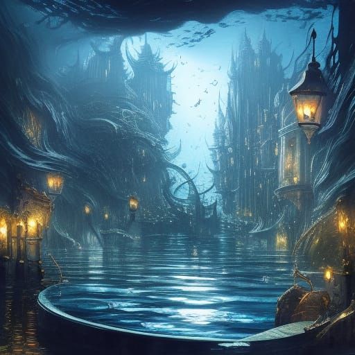 Underwater Cityscape with Skull Dungeon Entrance