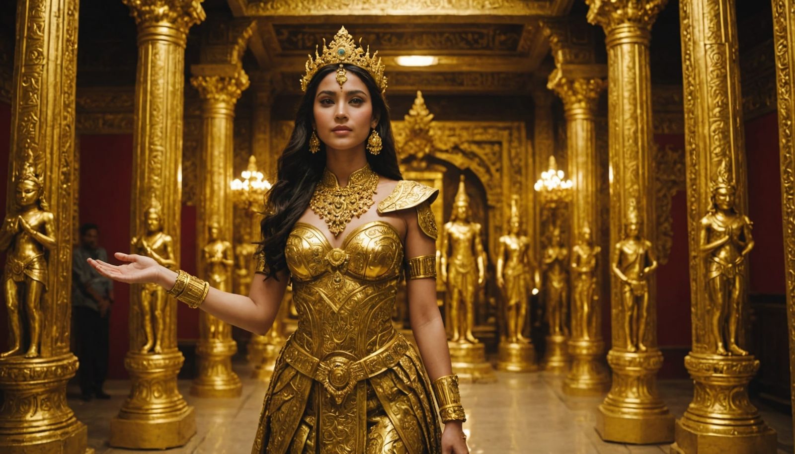 Sacred Chamber: Woman in Egyptian Temple with Gods