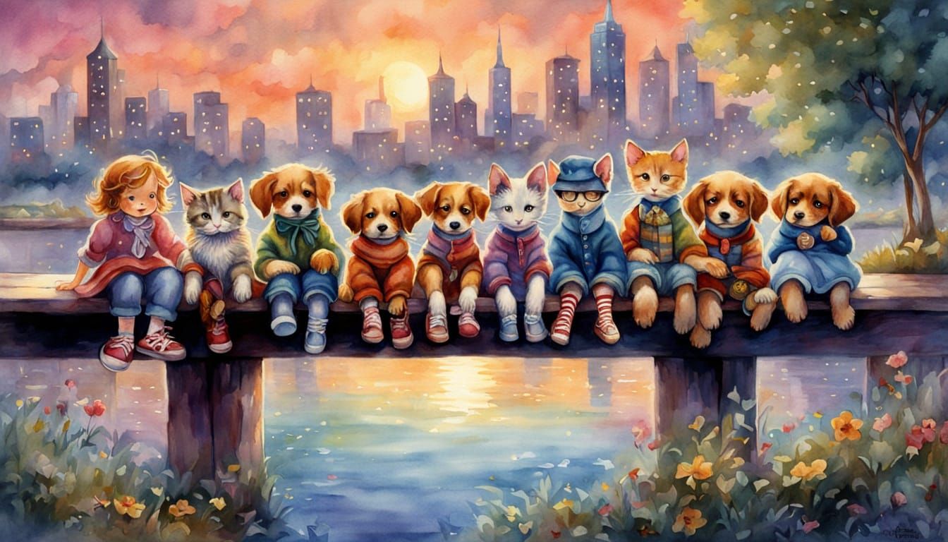 Whimsical Watercolor: Children with Puppies and Kittens