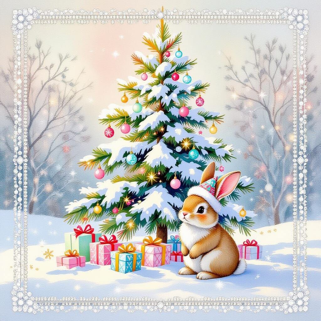 Magical Winter Scene with Bunny in Watercolor Sketch