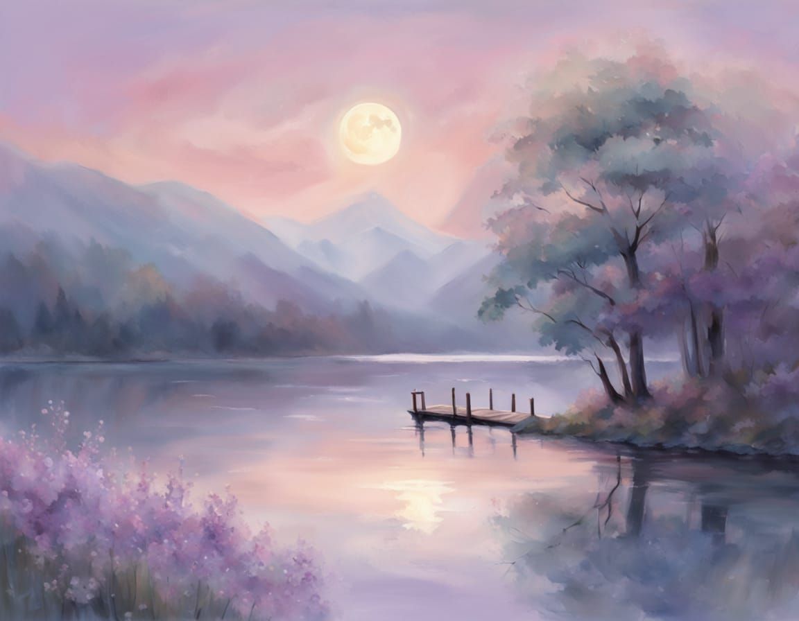 Dreamy Night Landscape with Pastel Moonlit Lake