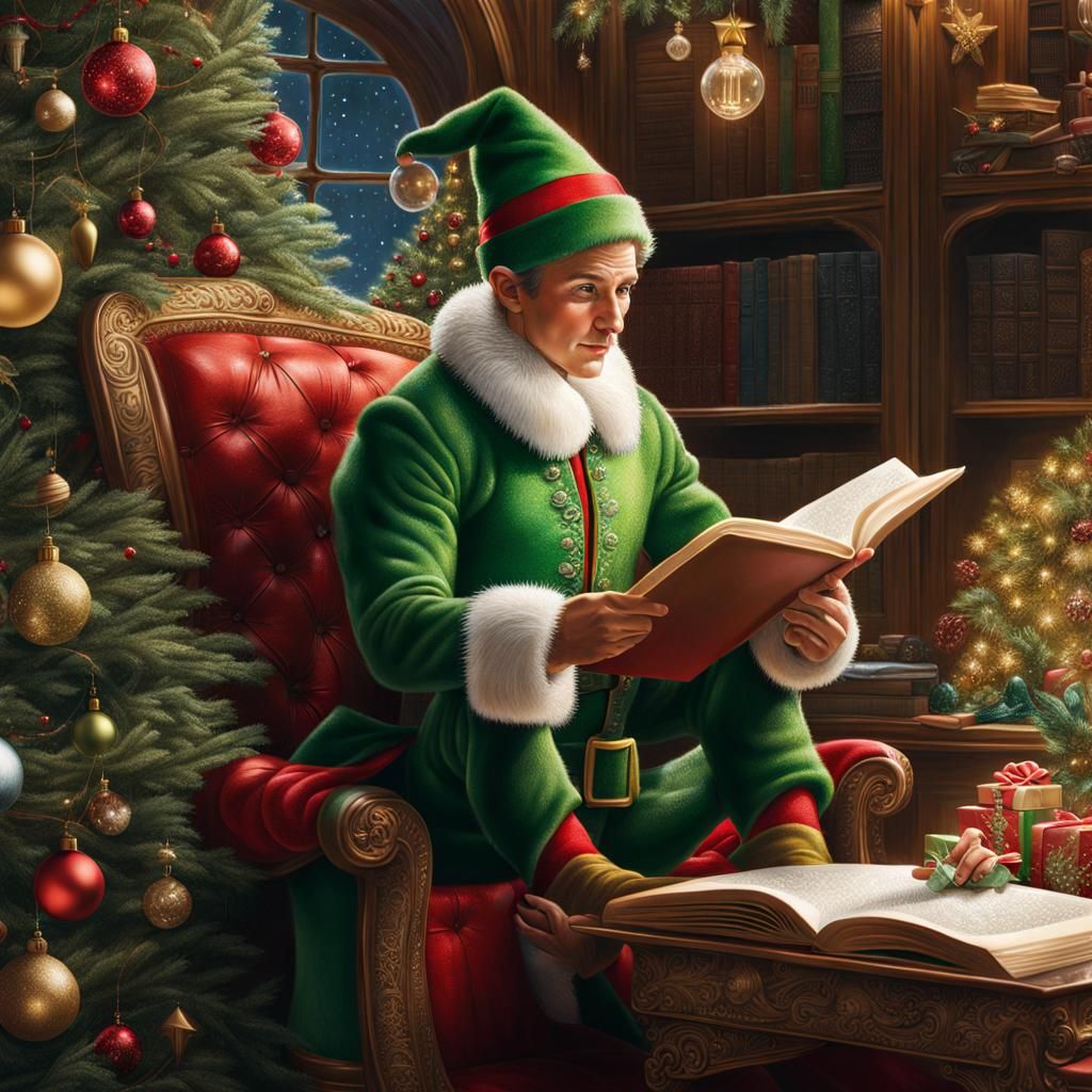 Christmas Elf Reading Book in Cozy Library